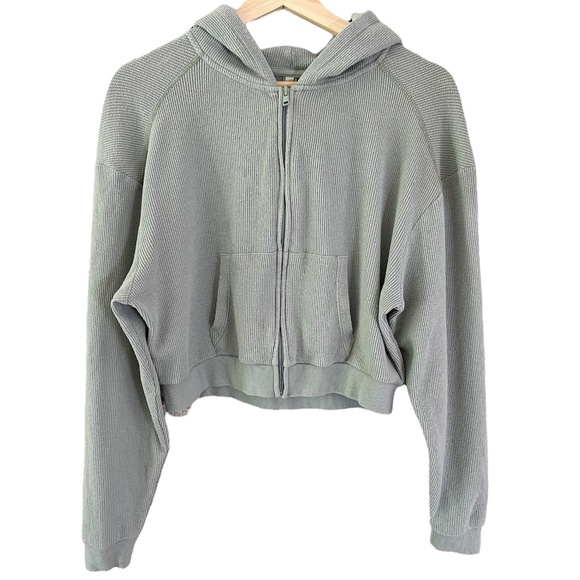 SKIMS Waffle Zip Up Cropped Jacket in Mineral Sage Green Size Large - Picture 3 of 11